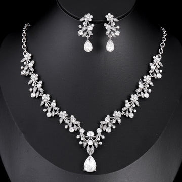 Black Silver Tone Crystal Floral Vine Crystal Two Designs Metal Necklace and Earring Set