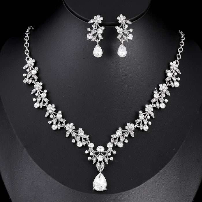 Black Silver Tone Crystal Floral Vine Crystal Two Designs Metal Necklace and Earring Set