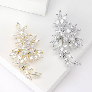 Cubic Zirconia Flower Spray Brooch in Silver or Gold Tone Brass