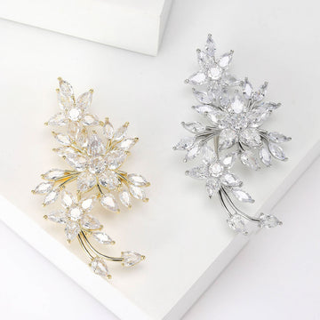Crystal Leaf Spray Brooch in Silver and Gold Tones