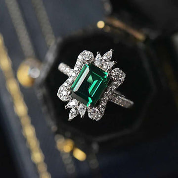 Green Emerald Cut Halo Crown Accent Silver Finger Ring