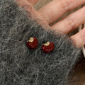 Red Apple Stud Earrings with Gold Tone Leaf Detail view 1