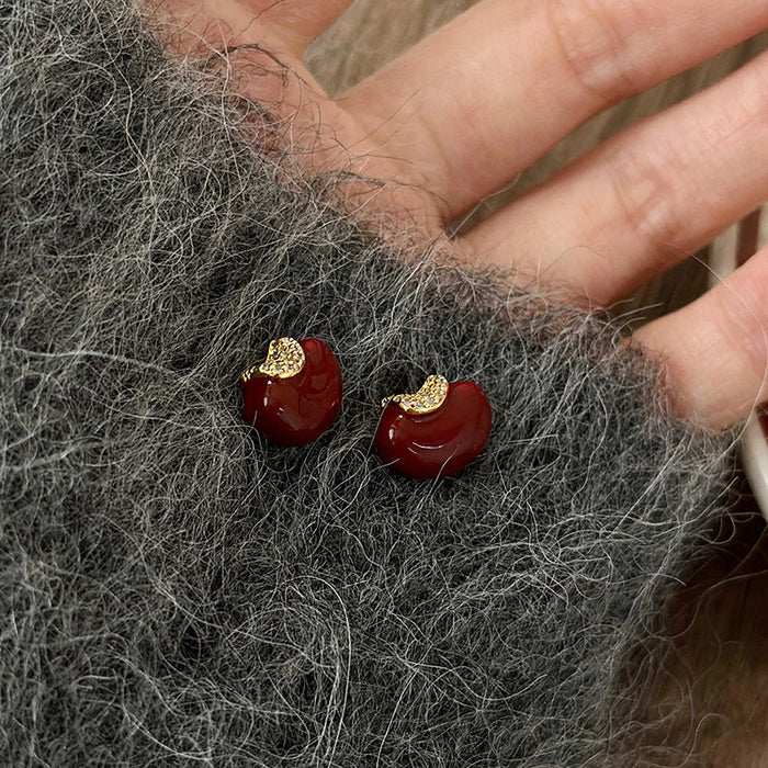 Red Apple Stud Earrings with Gold Tone Leaf Detail