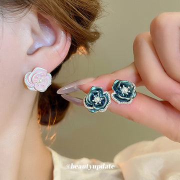 Pink Layered Rose and Round Cabochon Statement Stud Earrings