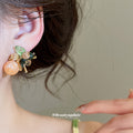 Green Stone And Peach Bead Flower Cluster Stud Earrings view 4