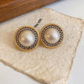 Antique Gold Round Stud Earrings with Pearl Look Centers view 6