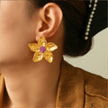 Gold Hammered Flower Stud Earrings Purple Blue Green Enamel view 3