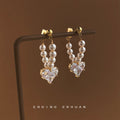 Gold Pearl U Loop Heart Clear Zircon Drop Earrings view 3
