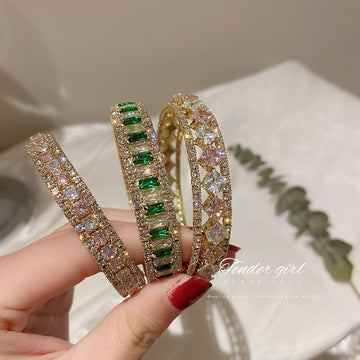 Gold Tone Crystal Cuff Bracelet In Three Pink And Green Patterns