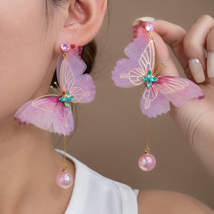 Purple Butterfly Drop Earrings with Pearl Drops and Fabric Wings