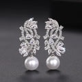 Silver Tone Leaf Cluster Faux Pearl Drop Earrings with Clear Stone Accents view 1