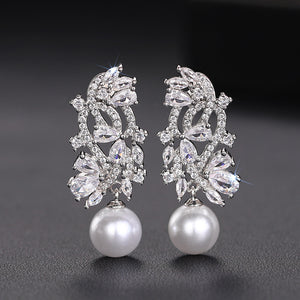 Silver Tone Leaf Cluster Faux Pearl Drop Earrings with Clear Stone Accents