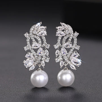 Silver Tone Leaf Cluster Faux Pearl Drop Earrings with Clear Stone Accents