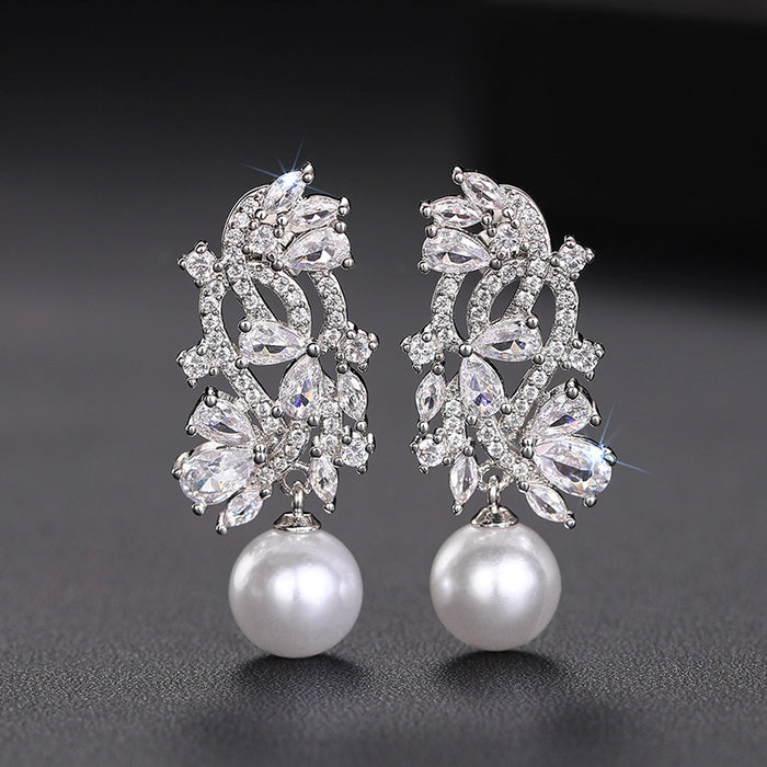 Silver Tone Leaf Cluster Faux Pearl Drop Earrings with Clear Stone Accents