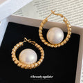 Gold Tone Textured Hoop Earrings With Oversized Pearl Centers view 4