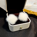 White Fuzzy Pom Pom Soft Round Small Stud Earrings view 2