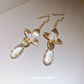 Crystal Leaf and Flower Hook Earrings with Polished Metal Tone Details view 2