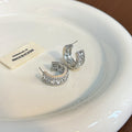 Silver Tone Clear Stone Chunky Half Hoop Stud Earrings view 4