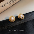 Gold Twisted Rope Frame Stud Earrings White Pearl Center view 1