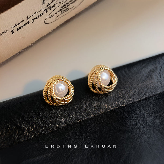 Gold Twisted Rope Frame Stud Earrings White Pearl Center