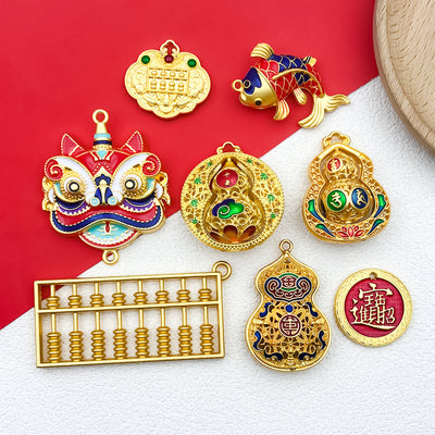 Colorful assorted shape charms arranged on a light background