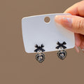 Black Bow Crystal Look Heart Long Dangle Stud Earrings view 1