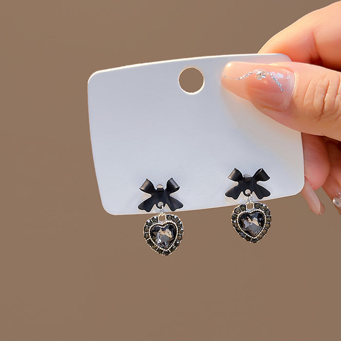 Black Bow Crystal Look Heart Long Dangle Stud Earrings