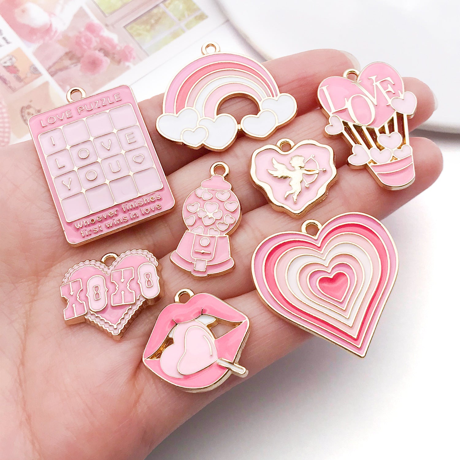 Enamel Zinc Alloy Heart Rose Charm Pendant for DIY Necklace Earring Jewelry Making