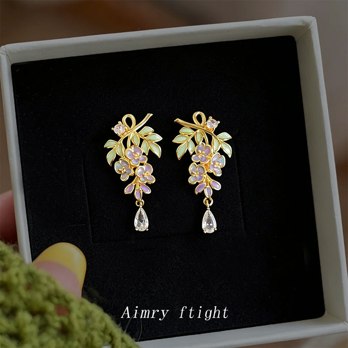 Gold Tone Purple Flower Green Leaf Clear Teardrop Stud Earrings