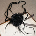 Black Lace Flower and Feather Beaded Statement Necklace view 1