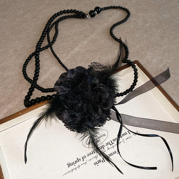 Black Lace Flower and Feather Beaded Statement Necklace