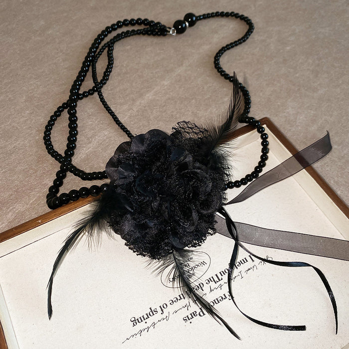 Black Lace Flower and Feather Beaded Statement Necklace