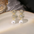 Gold Triple Halo Pearl Look Long Dangle Stud Earrings view 6