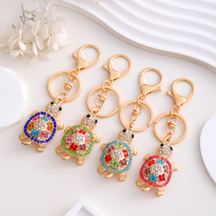 Multicolor Rhinestone Turtle Keychain Gold Tone Bag Charm