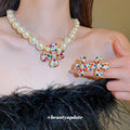 Multicolor Crystal Pearl Flower Clip Earrings and White Necklace view 4