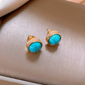 Turquoise Blue Oval Stone Look Stud Earrings With Decorative Metal Details view 6