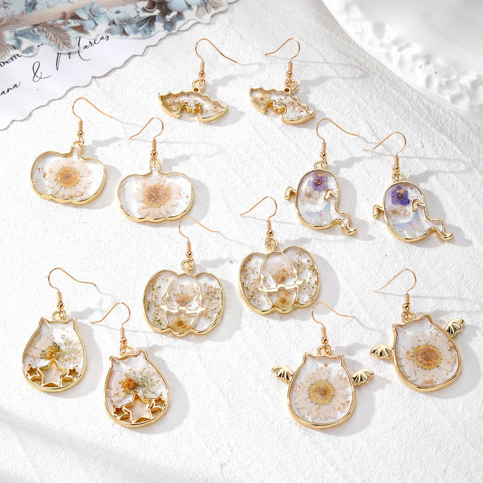 Gold Frame Resin Dried Flower Halloween Earrings 6 Styles