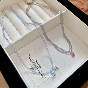 Light Blue Seed Bead Necklace Blue Crystal Heart Silver Heart
