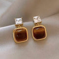 Brown Square Cabochon Crystal Stud Earrings Statement Fashion Jewelry view 1