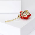 Red Rose Brooch Gold Tone Stem Clear Rhinestone Band view 4