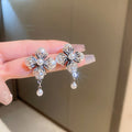Antique Silver Cross Flower Pearl Drop Stud Earrings Alloy view 2