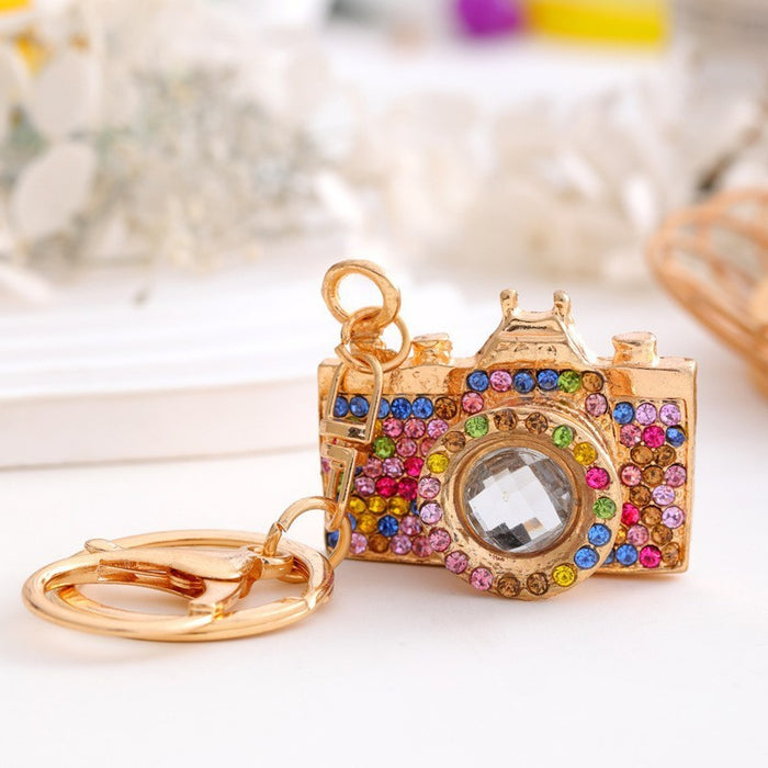 Gold Rhinestone Camera Charm Metal Keychain Lobster Clasp