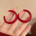 Glossy Red Wide Open Hoop Stud Earrings With Metal Details view 4