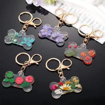 Transparent Resin Pressed Flower Dog Bone Clip Keychains in Three Colors