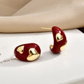 Burgundy Enamel Look Gold Tone Mixed Shape Stud Earrings view 4