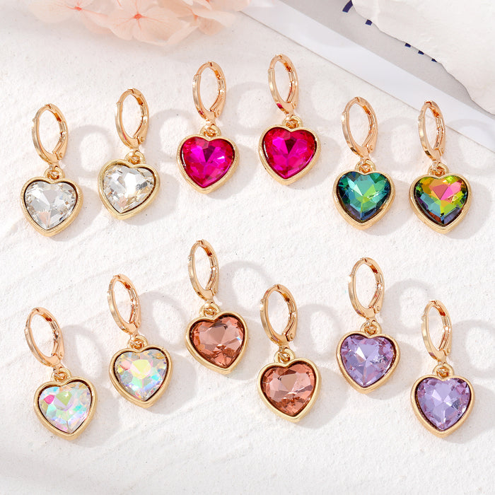 Gold Tone Faceted Crystal Heart Huggie Drop Earrings in Six Colors