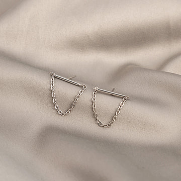 Bar Stud Earrings with Dangling Chain Loop Gold Silver