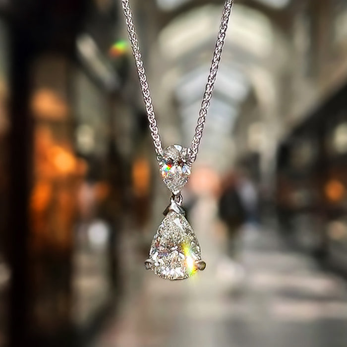 Silver Tone Double Teardrop Clear Stone Pendant Necklace
