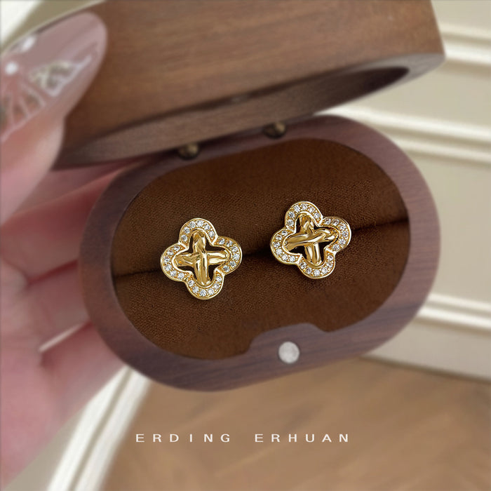 Gold Quatrefoil Knot Center Pavé Border Stud Earrings