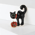 Black Enamel Cat Brooch Holding Jack O Lantern Pumpkin view 3
